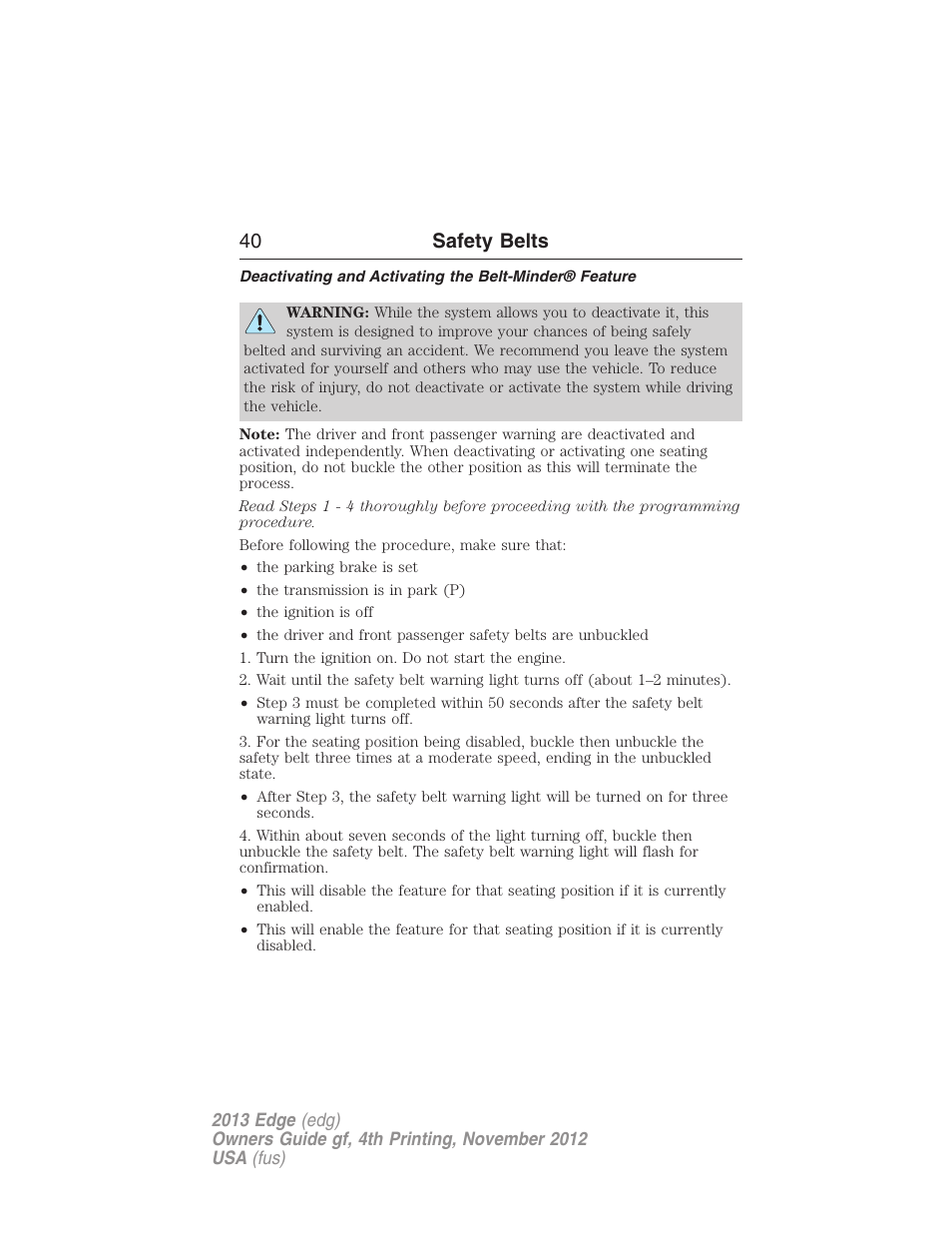 40 safety belts | FORD 2013 Edge v.4 User Manual | Page 41 / 533