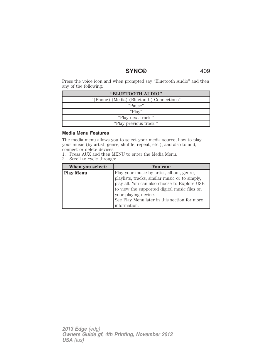 Media menu features, Sync® 409 | FORD 2013 Edge v.4 User Manual | Page 410 / 533