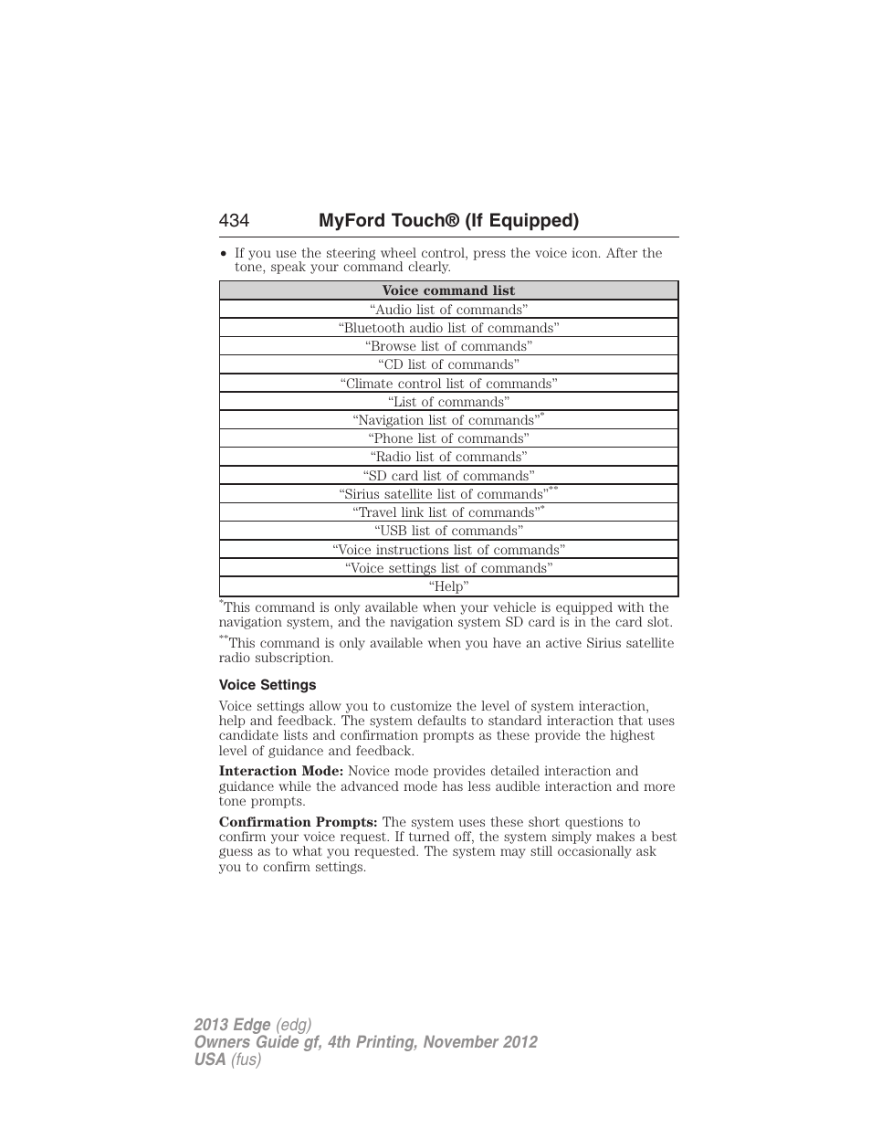 Voice settings, 434 myford touch® (if equipped) | FORD 2013 Edge v.4 User Manual | Page 435 / 533