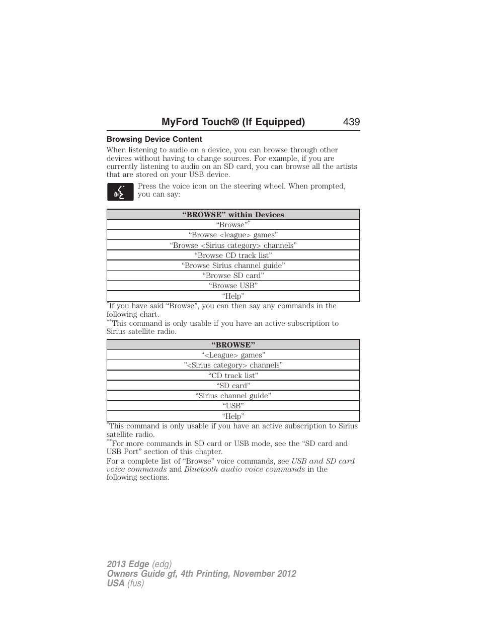 Browsing device content, Myford touch® (if equipped) 439 | FORD 2013 Edge v.4 User Manual | Page 440 / 533