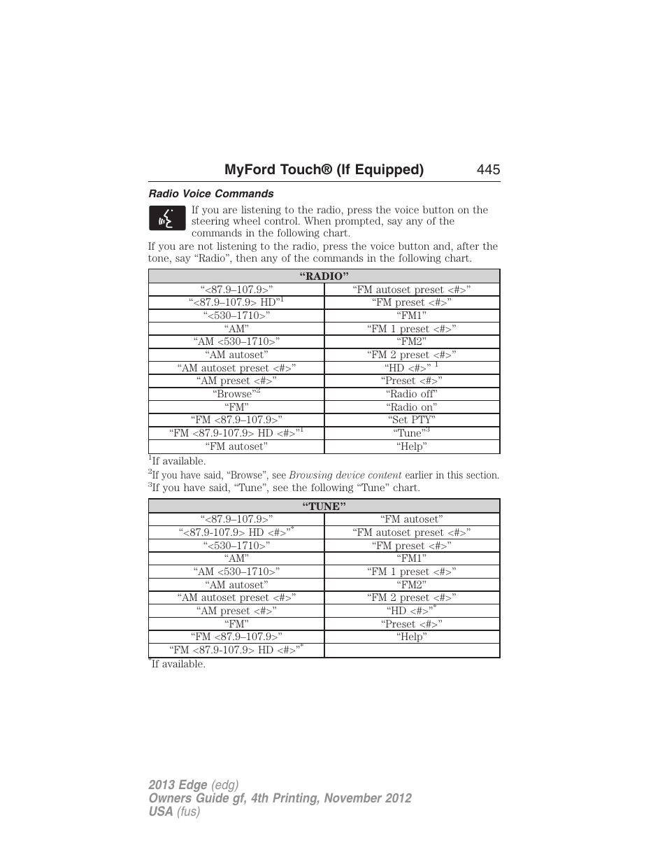 Radio voice commands, Myford touch® (if equipped) 445 | FORD 2013 Edge v.4 User Manual | Page 446 / 533