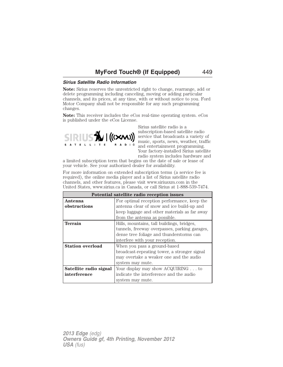 Sirius satellite radio information, Myford touch® (if equipped) 449 | FORD 2013 Edge v.4 User Manual | Page 450 / 533