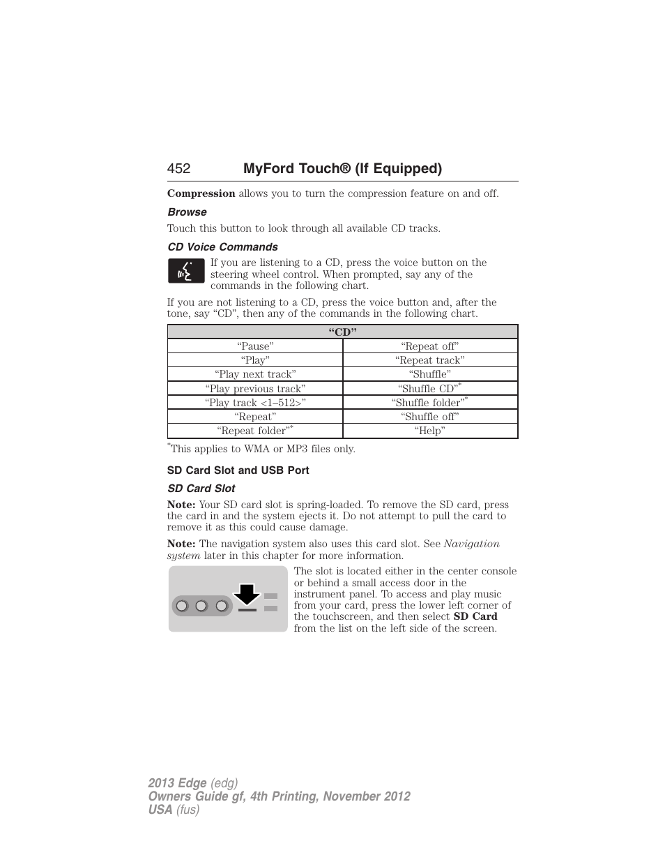 Browse, Cd voice commands, Sd card slot and usb port | Sd card slot, 452 myford touch® (if equipped) | FORD 2013 Edge v.4 User Manual | Page 453 / 533