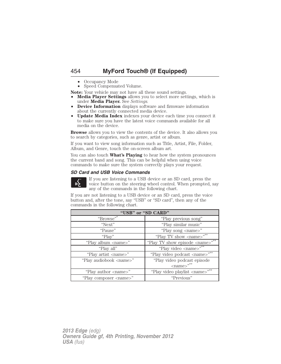 Sd card and usb voice commands, 454 myford touch® (if equipped) | FORD 2013 Edge v.4 User Manual | Page 455 / 533