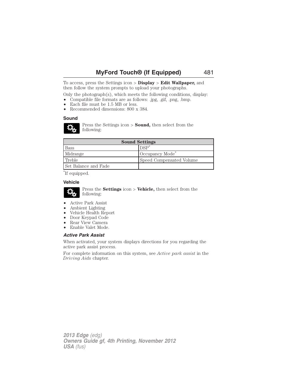 Sound, Vehicle, Active park assist | Myford touch® (if equipped) 481 | FORD 2013 Edge v.4 User Manual | Page 482 / 533