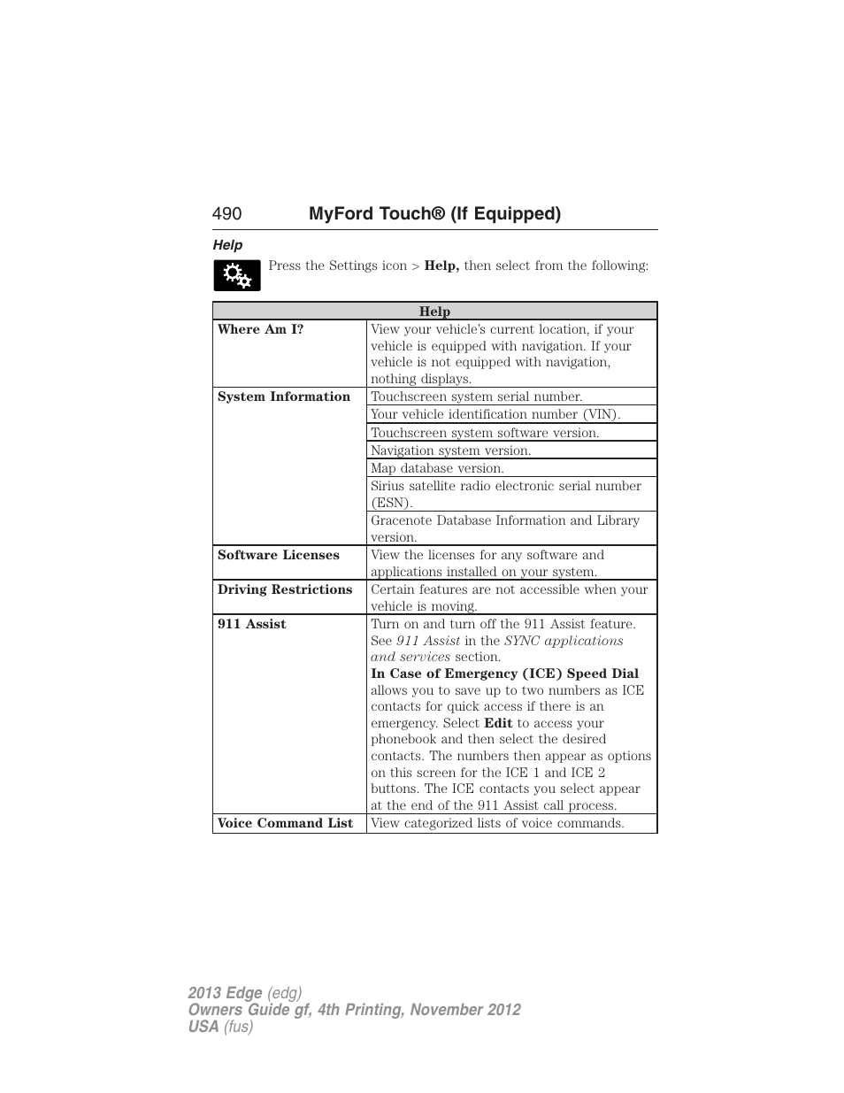 Help, 490 myford touch® (if equipped) | FORD 2013 Edge v.4 User Manual | Page 491 / 533