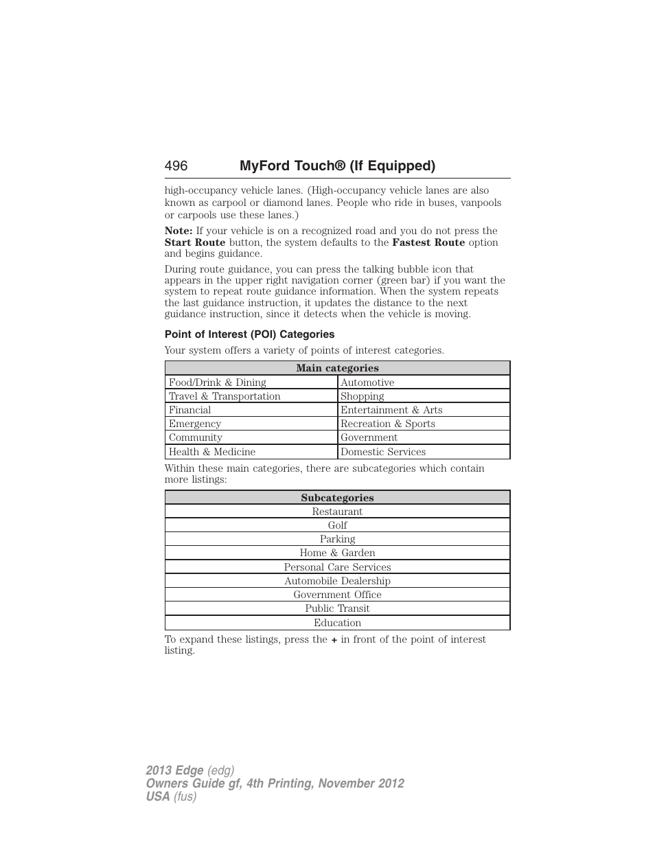 Point of interest (poi) categories, 496 myford touch® (if equipped) | FORD 2013 Edge v.4 User Manual | Page 497 / 533