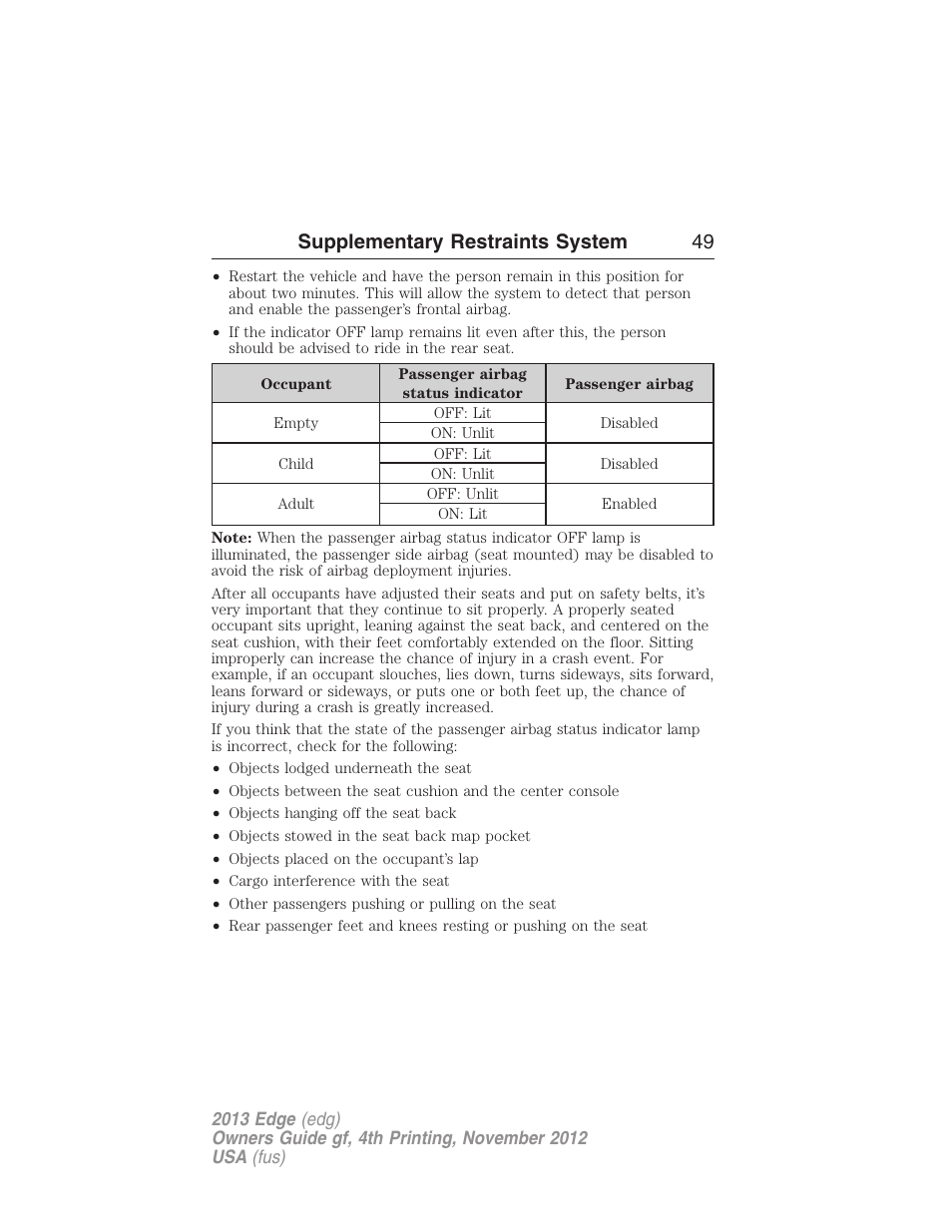 Supplementary restraints system 49 | FORD 2013 Edge v.4 User Manual | Page 50 / 533