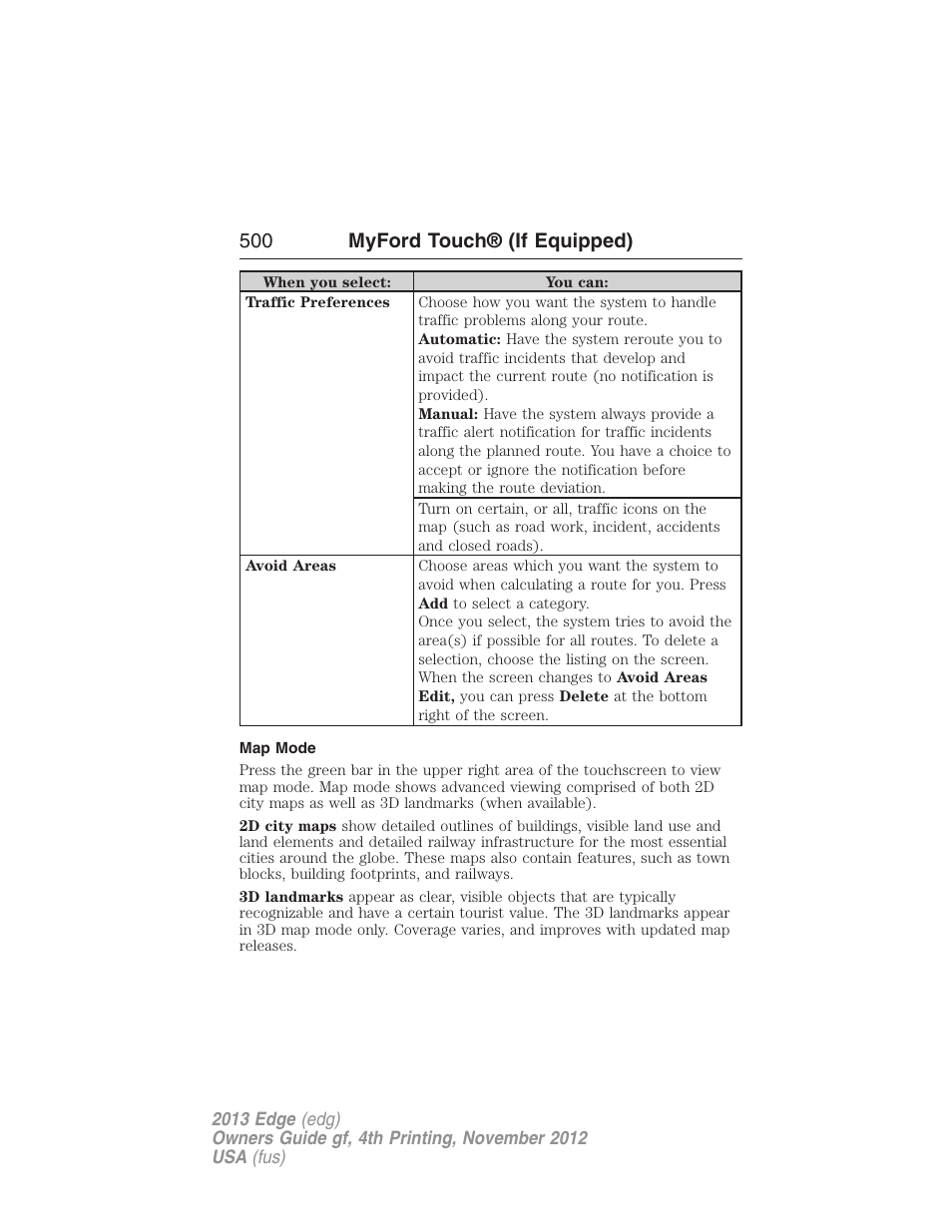 Map mode, 500 myford touch® (if equipped) | FORD 2013 Edge v.4 User Manual | Page 501 / 533