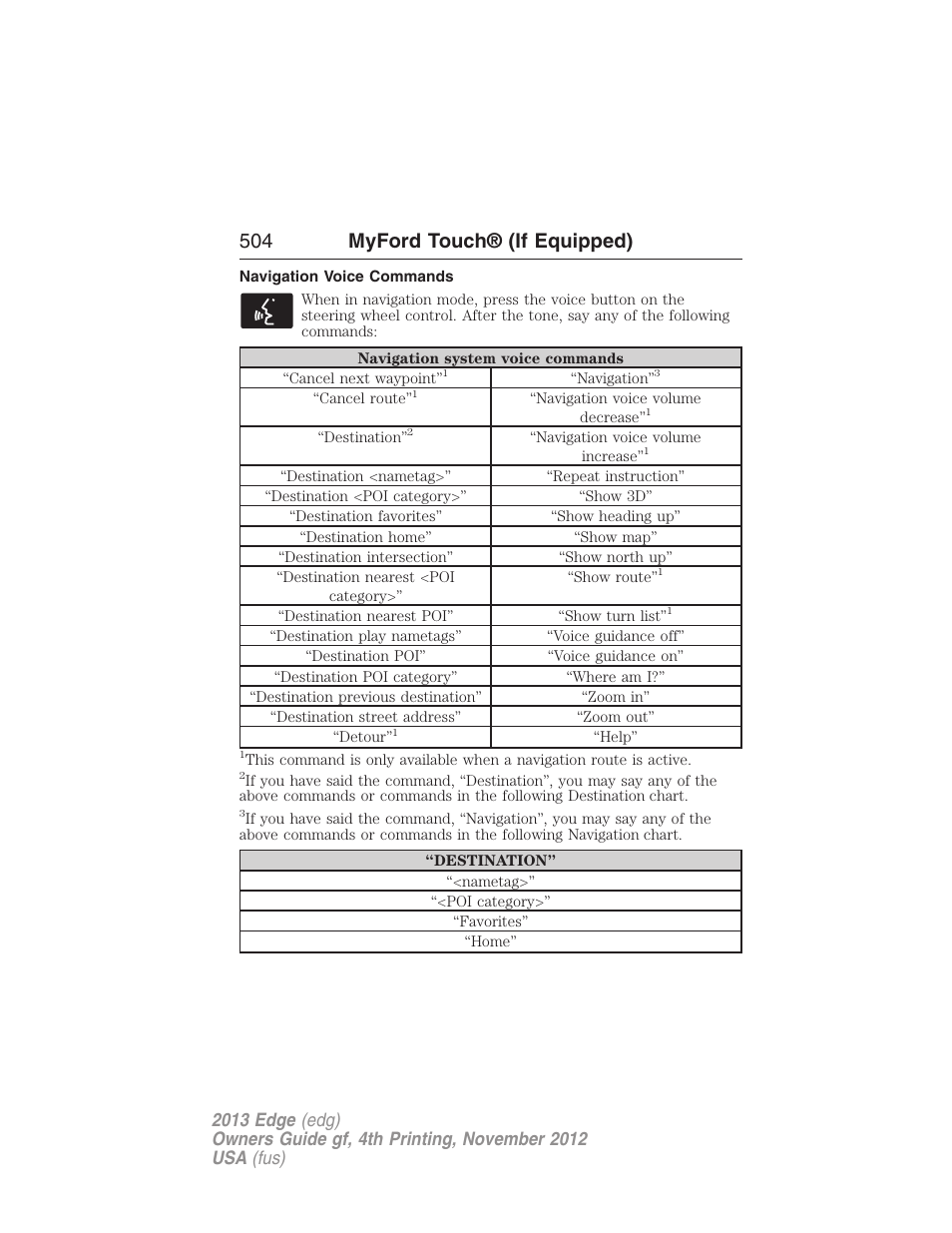 Navigation voice commands, 504 myford touch® (if equipped) | FORD 2013 Edge v.4 User Manual | Page 505 / 533