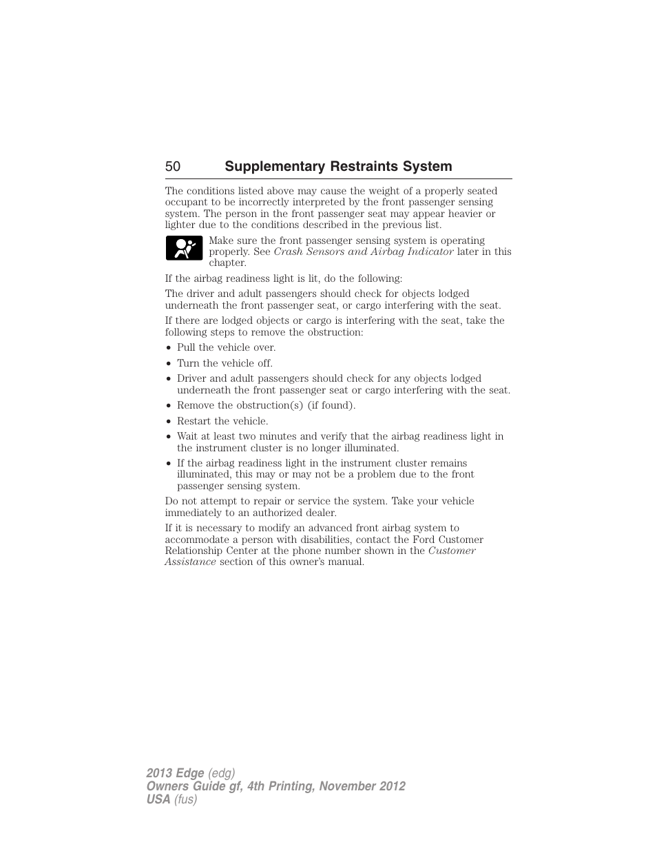 50 supplementary restraints system | FORD 2013 Edge v.4 User Manual | Page 51 / 533