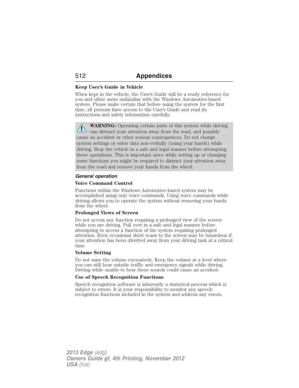 General operation, 512 appendices | FORD 2013 Edge v.4 User Manual | Page 513 / 533