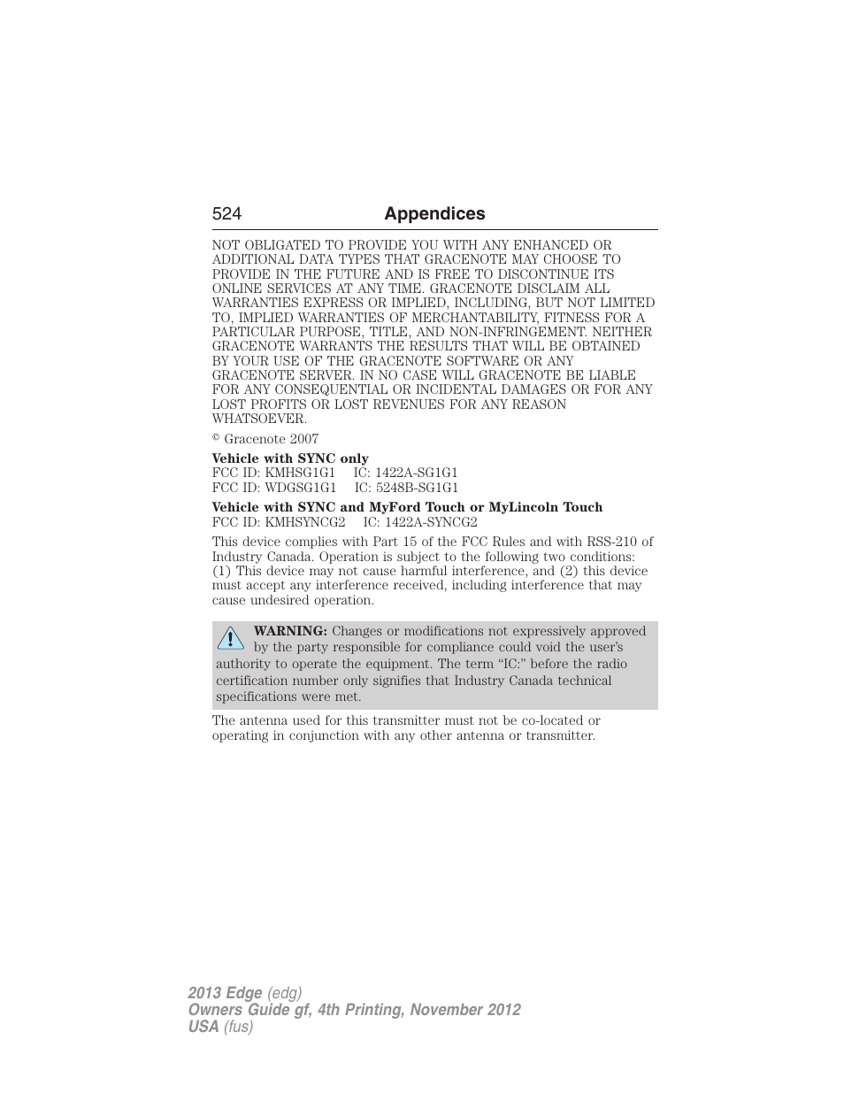 524 appendices | FORD 2013 Edge v.4 User Manual | Page 525 / 533