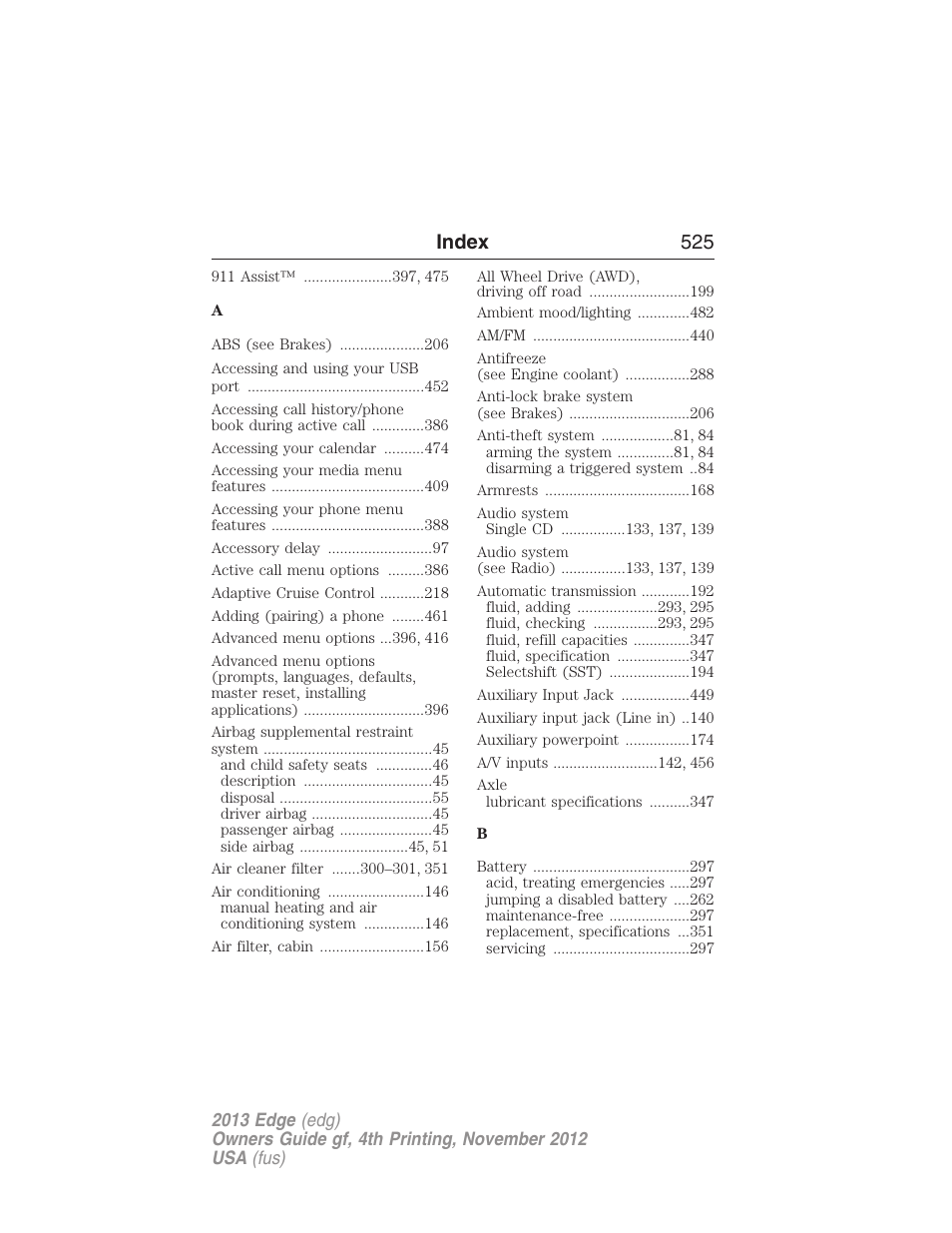 Index, Index 525 | FORD 2013 Edge v.4 User Manual | Page 526 / 533