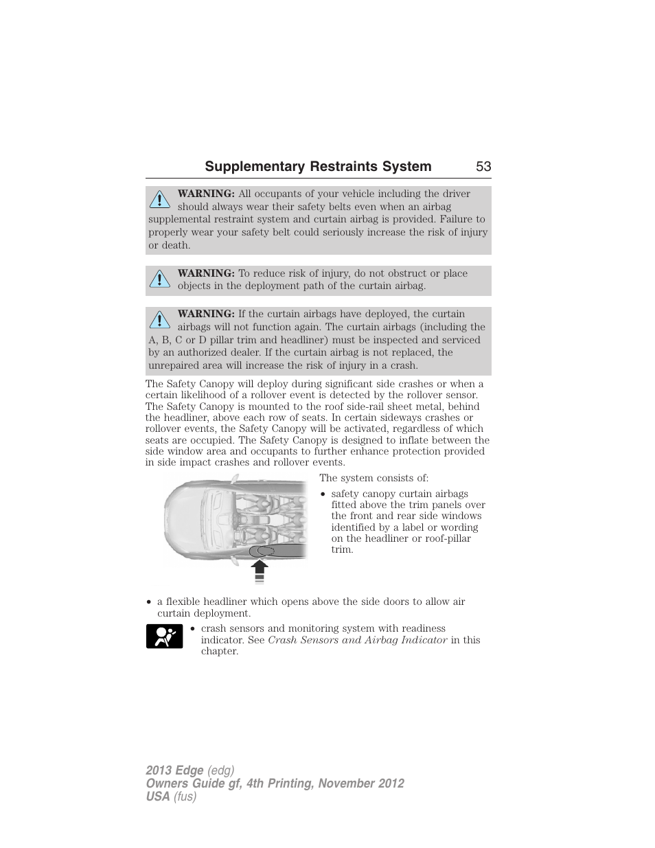 Supplementary restraints system 53 | FORD 2013 Edge v.4 User Manual | Page 54 / 533