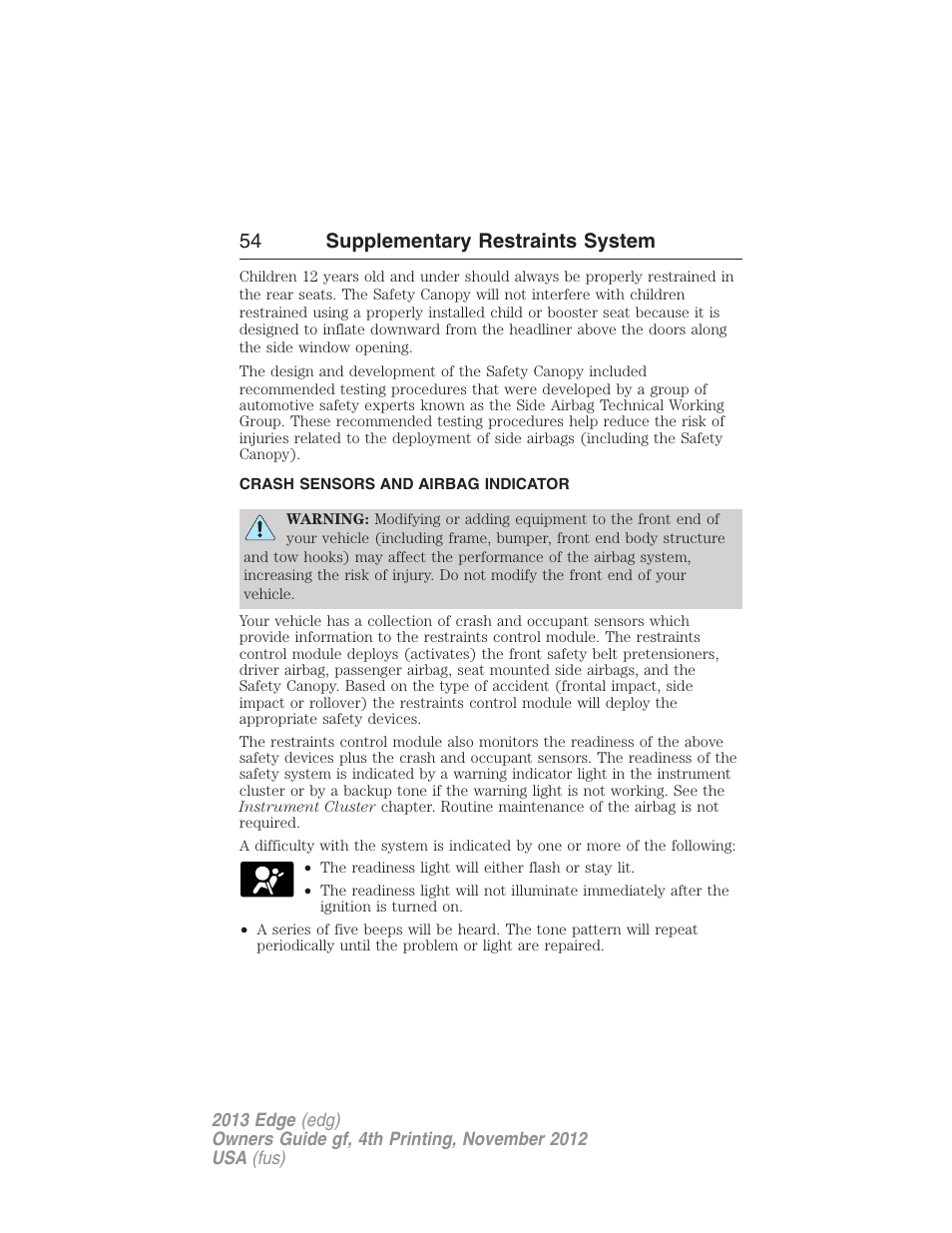 Crash sensors and airbag indicator, 54 supplementary restraints system | FORD 2013 Edge v.4 User Manual | Page 55 / 533