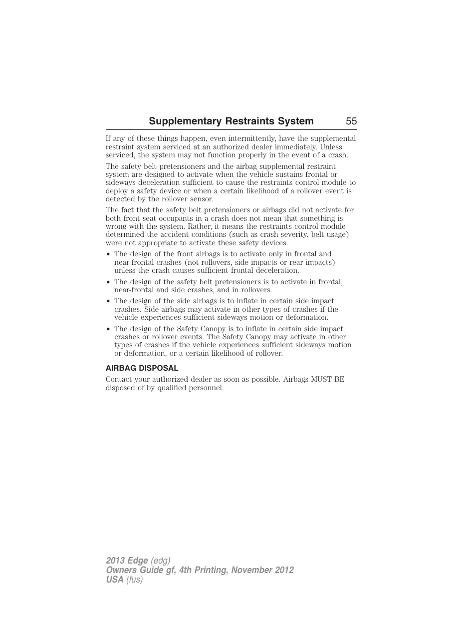 Airbag disposal, Supplementary restraints system 55 | FORD 2013 Edge v.4 User Manual | Page 56 / 533