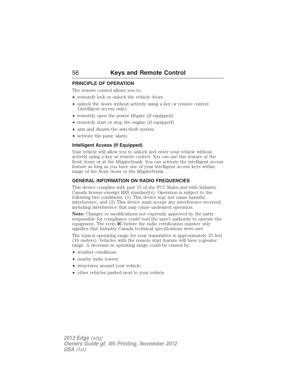 Keys and remote control, Principle of operation, Intelligent access (if equipped) | General information on radio frequencies, 56 keys and remote control | FORD 2013 Edge v.4 User Manual | Page 57 / 533