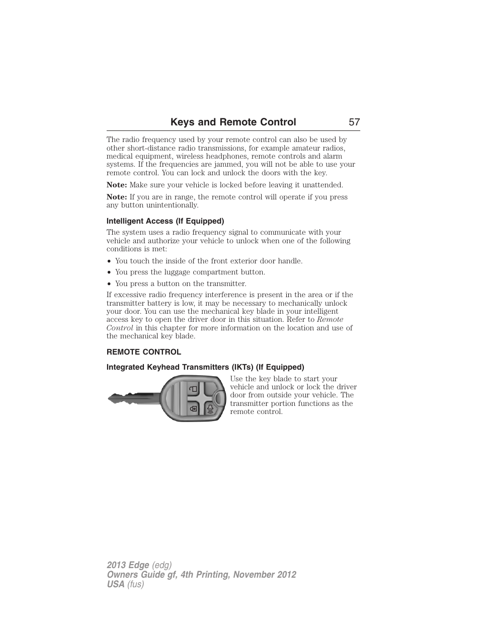 Intelligent access (if equipped), Remote control, Keys | Keys and remote control 57 | FORD 2013 Edge v.4 User Manual | Page 58 / 533