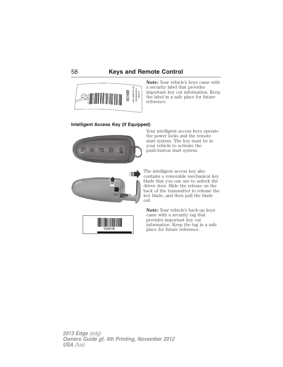 Intelligent access key (if equipped), 58 keys and remote control | FORD 2013 Edge v.4 User Manual | Page 59 / 533