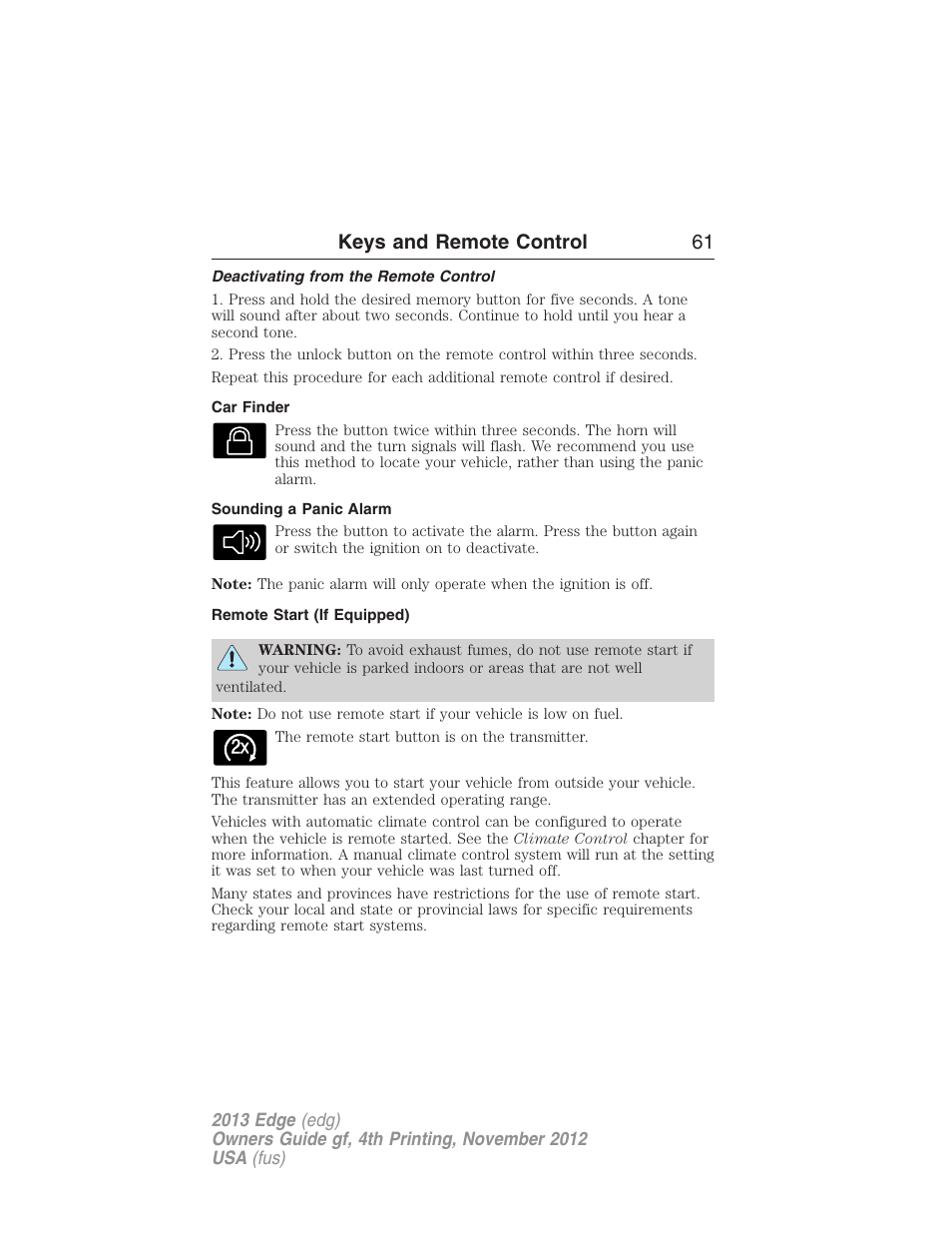 Deactivating from the remote control, Car finder, Sounding a panic alarm | Remote start (if equipped), Keys and remote control 61 | FORD 2013 Edge v.4 User Manual | Page 62 / 533