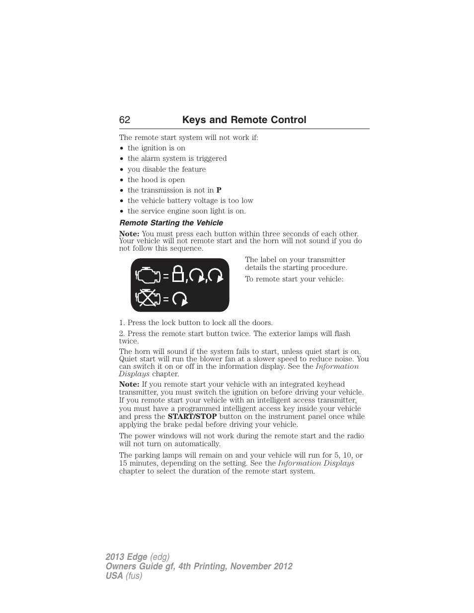 Remote starting the vehicle, 62 keys and remote control | FORD 2013 Edge v.4 User Manual | Page 63 / 533