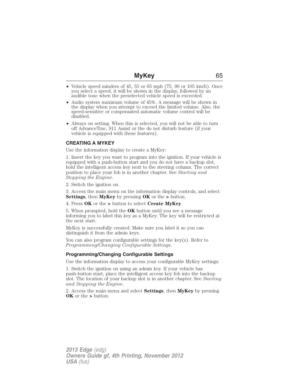 Creating a mykey, Programming/changing configurable settings, Creating | Mykey 65 | FORD 2013 Edge v.4 User Manual | Page 66 / 533