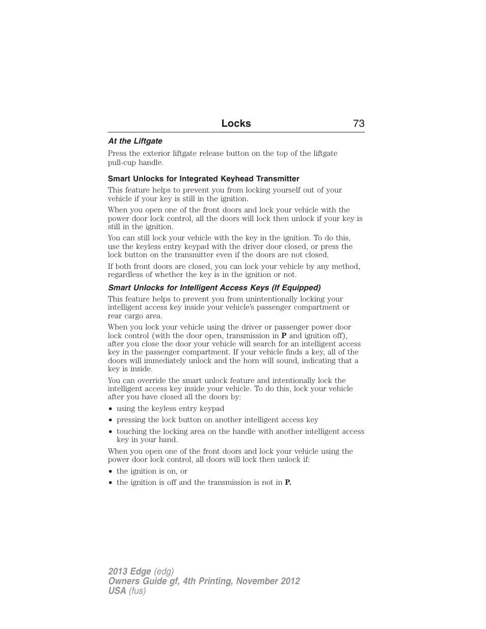 At the liftgate, Smart unlocks for integrated keyhead transmitter, Locks 73 | FORD 2013 Edge v.4 User Manual | Page 74 / 533