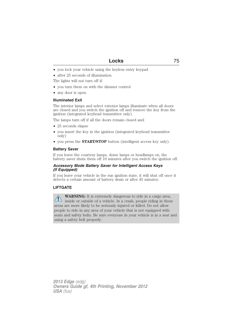 Illuminated exit, Battery saver, Liftgate | Locks 75 | FORD 2013 Edge v.4 User Manual | Page 76 / 533