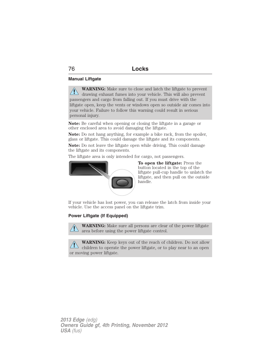 Manual liftgate, Power liftgate (if equipped), 76 locks | FORD 2013 Edge v.4 User Manual | Page 77 / 533