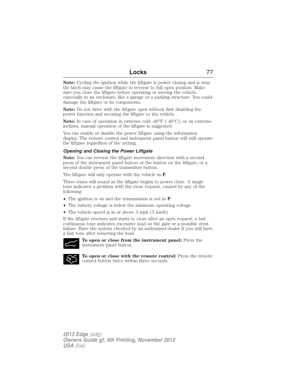 Opening and closing the power liftgate, Locks 77 | FORD 2013 Edge v.4 User Manual | Page 78 / 533