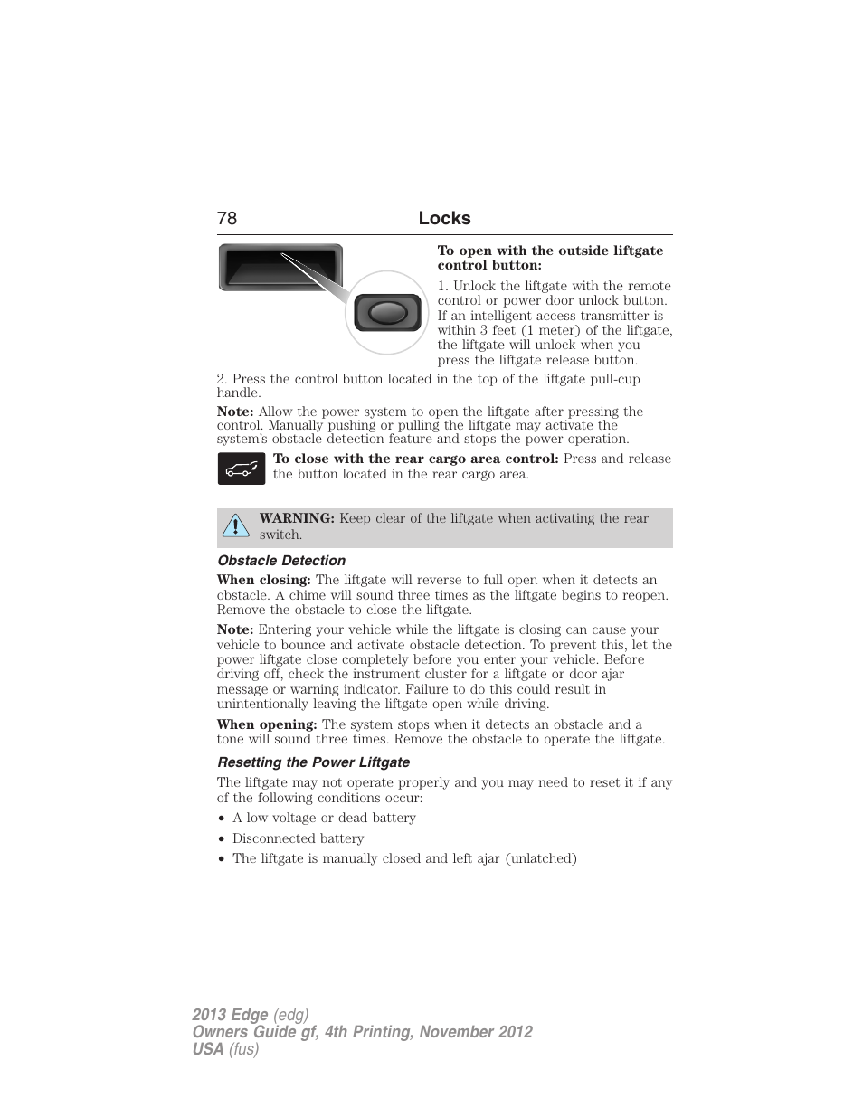 Obstacle detection, Resetting the power liftgate, 78 locks | FORD 2013 Edge v.4 User Manual | Page 79 / 533