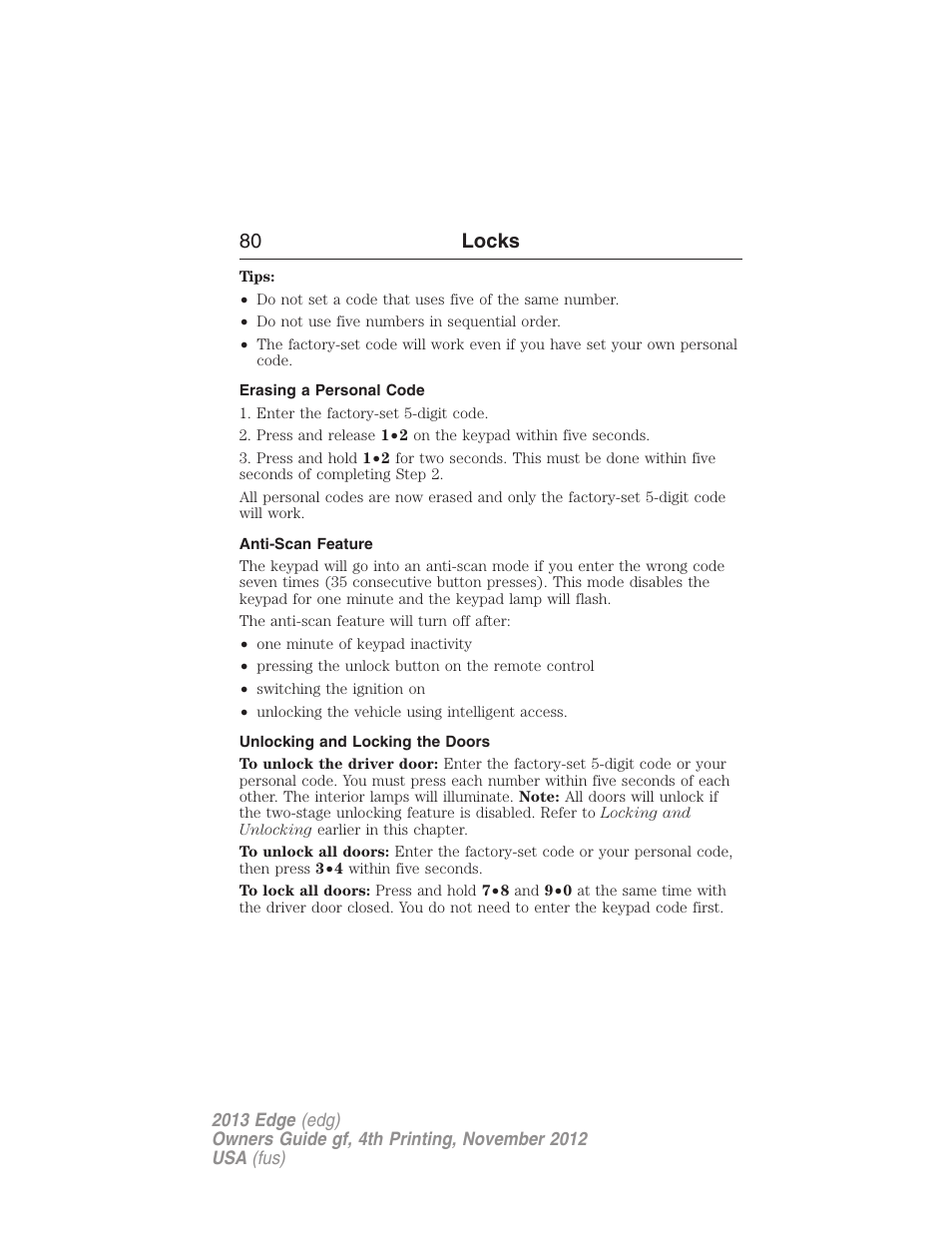 Erasing a personal code, Anti-scan feature, Unlocking and locking the doors | 80 locks | FORD 2013 Edge v.4 User Manual | Page 81 / 533