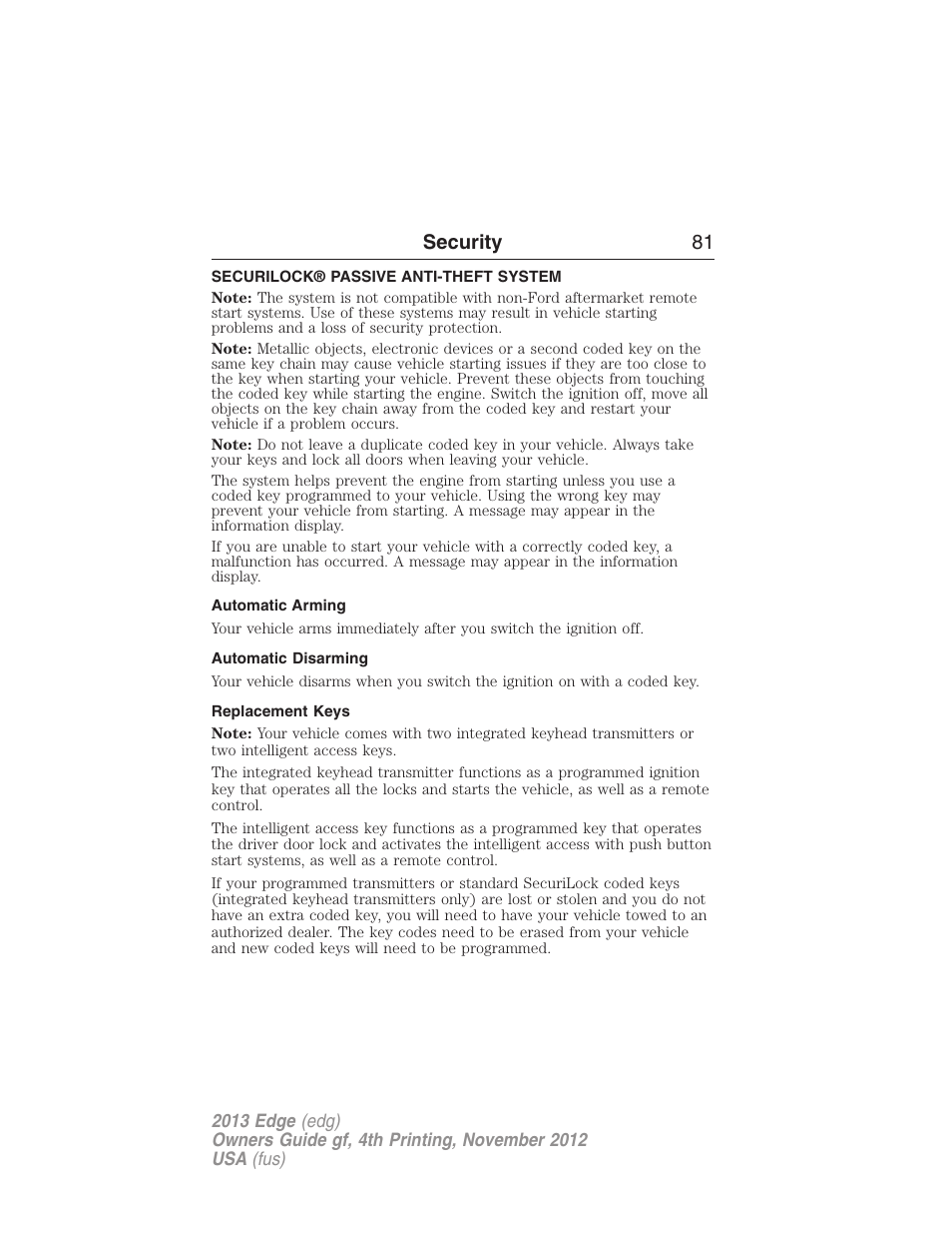 Security, Securilock® passive anti-theft system, Automatic arming | Automatic disarming, Replacement keys, Security 81 | FORD 2013 Edge v.4 User Manual | Page 82 / 533