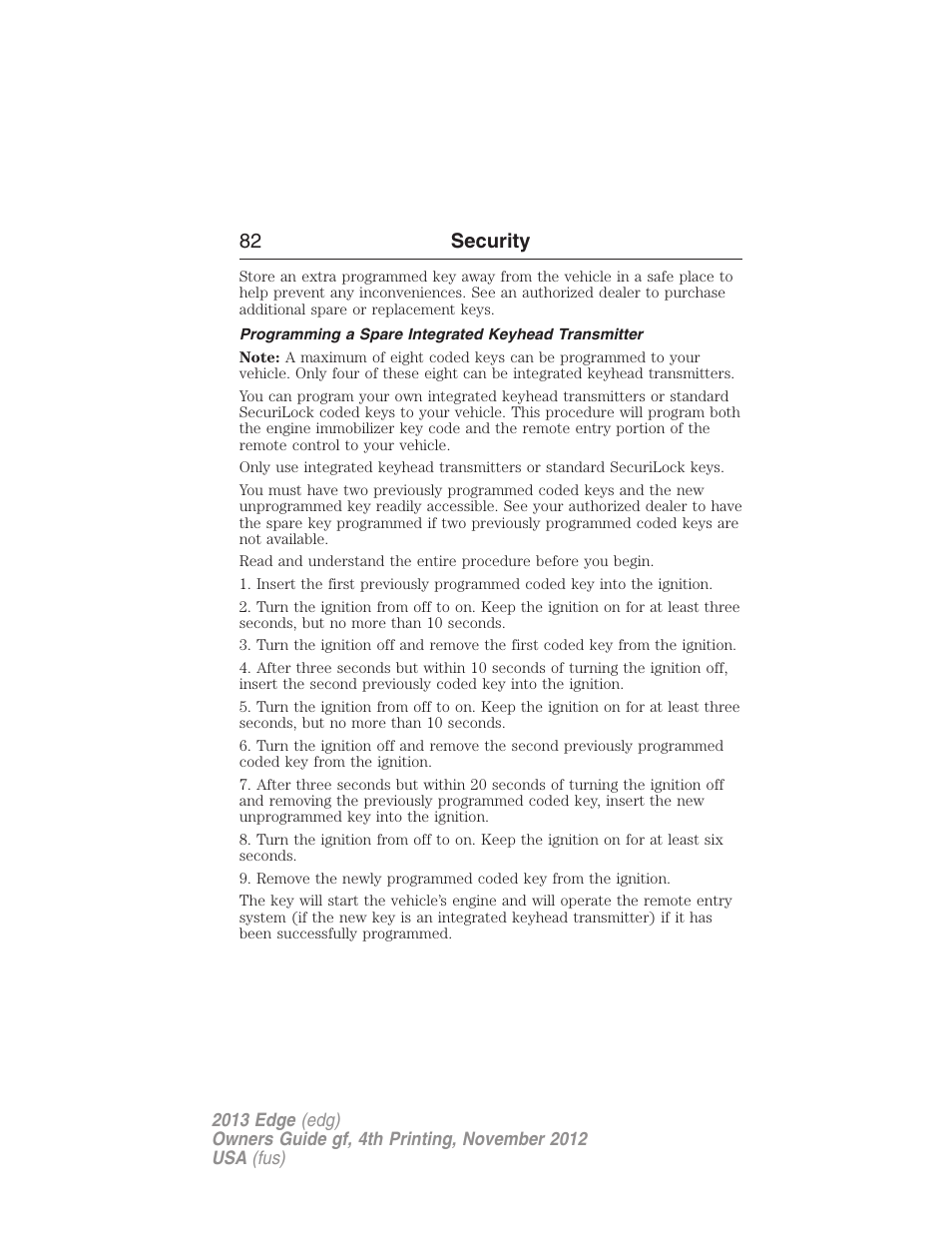 Programming a spare integrated keyhead transmitter, 82 security | FORD 2013 Edge v.4 User Manual | Page 83 / 533