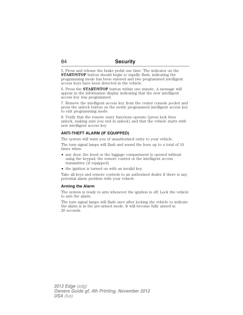 Anti-theft alarm (if equipped), Arming the alarm, Anti-theft alarm | 84 security | FORD 2013 Edge v.4 User Manual | Page 85 / 533