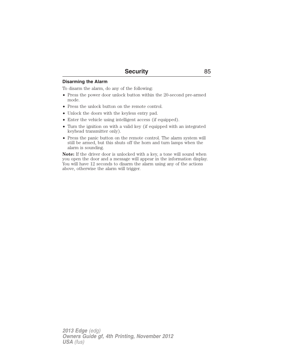 Disarming the alarm, Security 85 | FORD 2013 Edge v.4 User Manual | Page 86 / 533