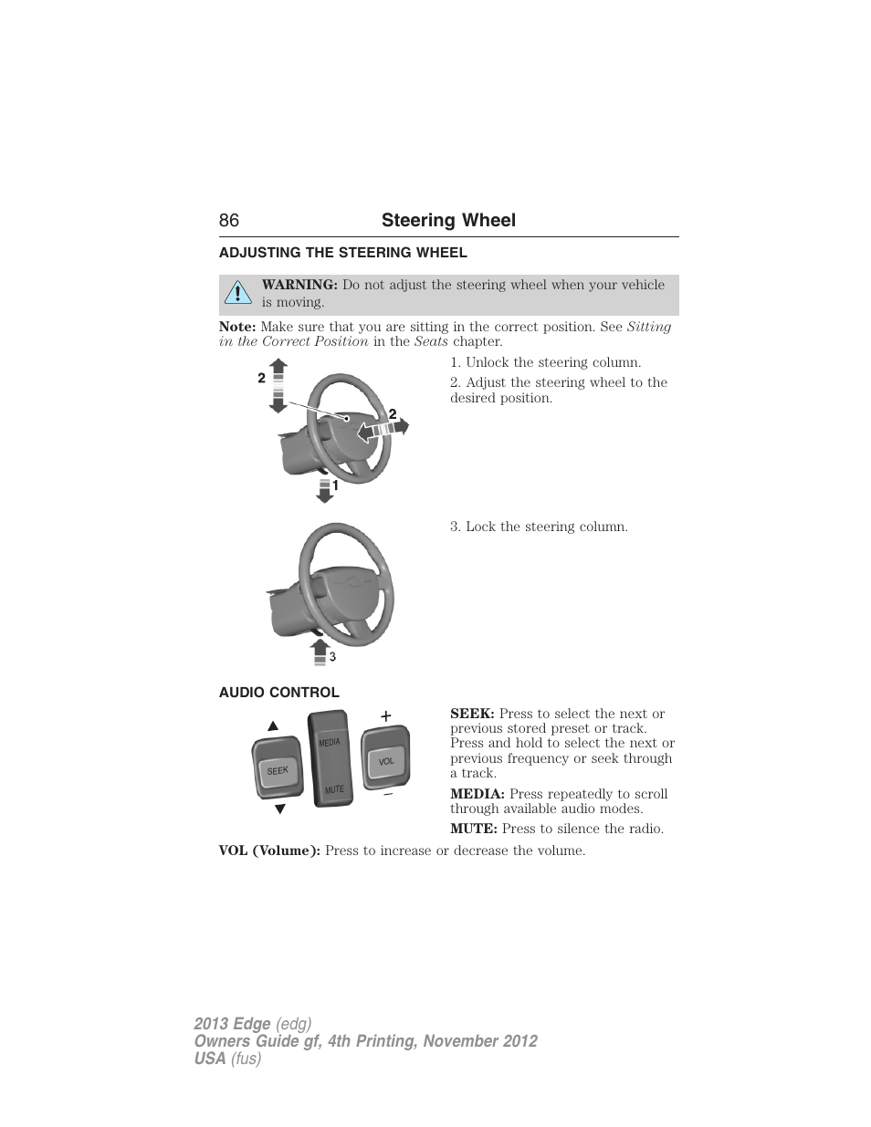 Steering wheel, Adjusting the steering wheel, Audio control | Steering wheel controls, 86 steering wheel | FORD 2013 Edge v.4 User Manual | Page 87 / 533