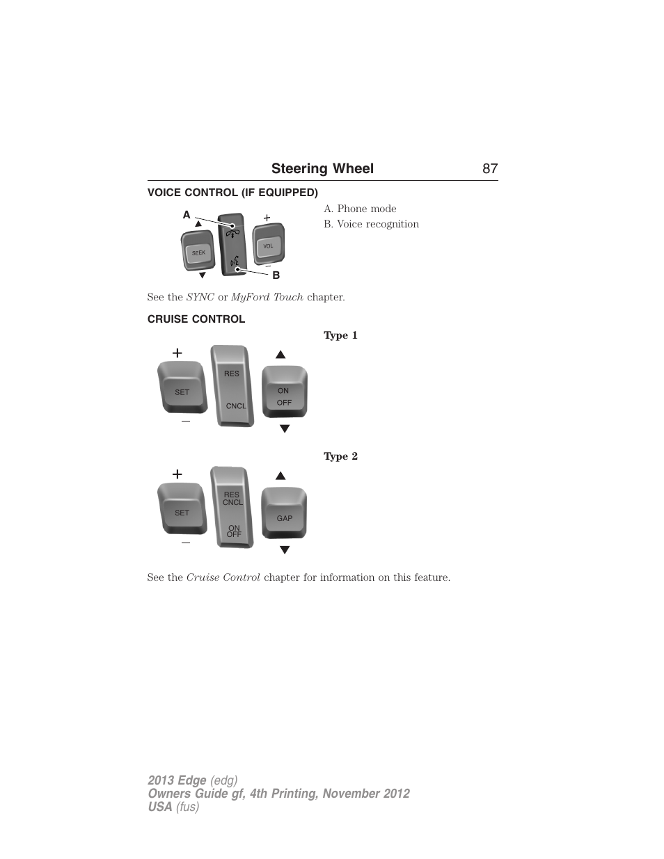 Voice control (if equipped), Cruise control, Steering wheel 87 | FORD 2013 Edge v.4 User Manual | Page 88 / 533