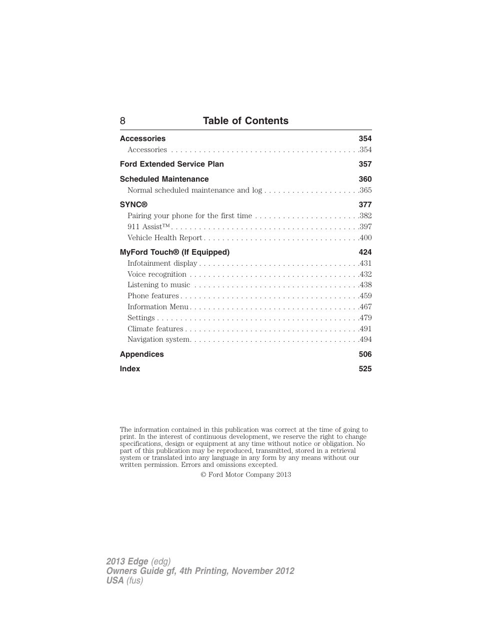 8table of contents | FORD 2013 Edge v.4 User Manual | Page 9 / 533