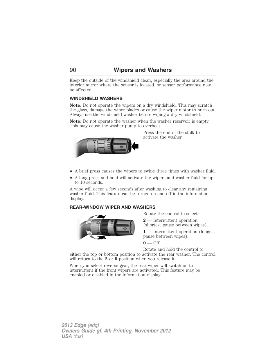 Windshield washers, Rear-window wiper and washers, Rear-window wiper and washer | 90 wipers and washers | FORD 2013 Edge v.4 User Manual | Page 91 / 533