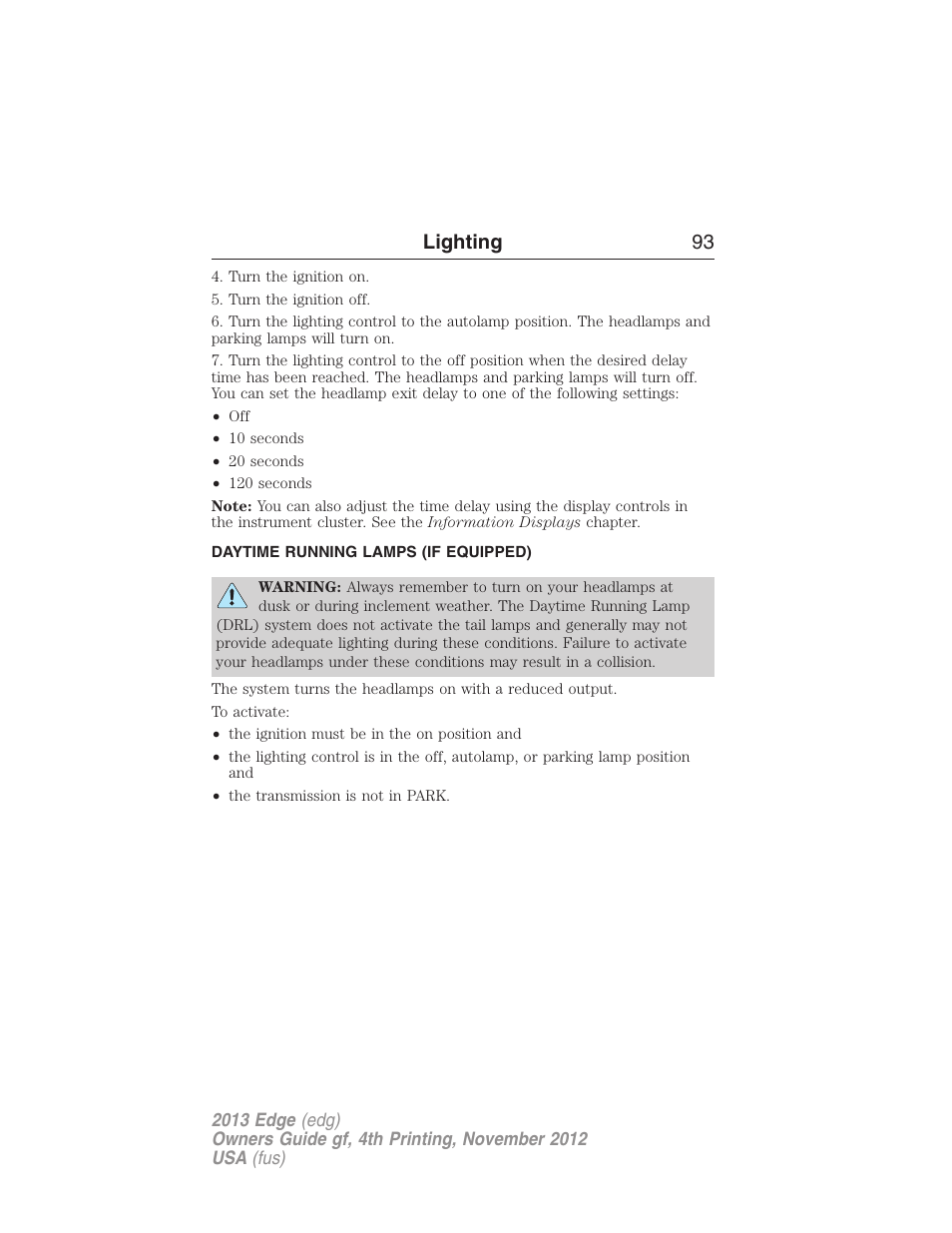 Daytime running lamps (if equipped), Daytime running lamps, Lighting 93 | FORD 2013 Edge v.4 User Manual | Page 94 / 533