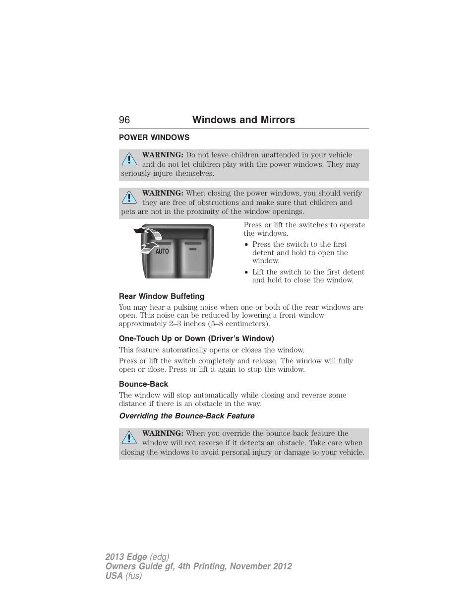 Windows and mirrors, Power windows, Rear window buffeting | One-touch up or down (driver’s window), Bounce-back, Overriding the bounce-back feature, 96 windows and mirrors | FORD 2013 Edge v.4 User Manual | Page 97 / 533