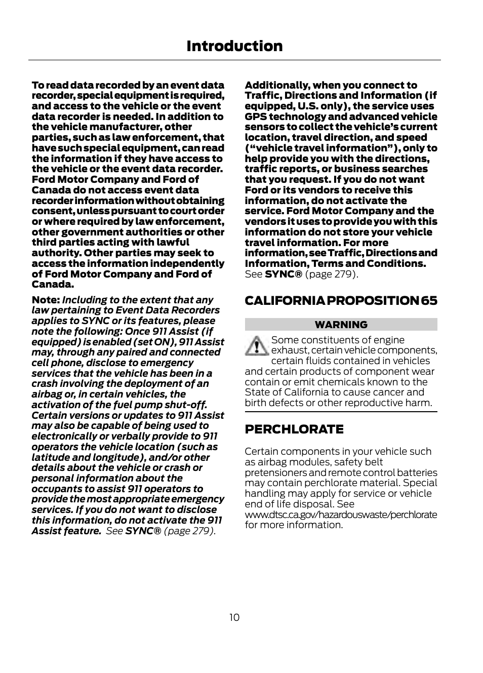 California proposition 65 perchlorate, Introduction | FORD 2013 Escape v.1 User Manual | Page 10 / 423