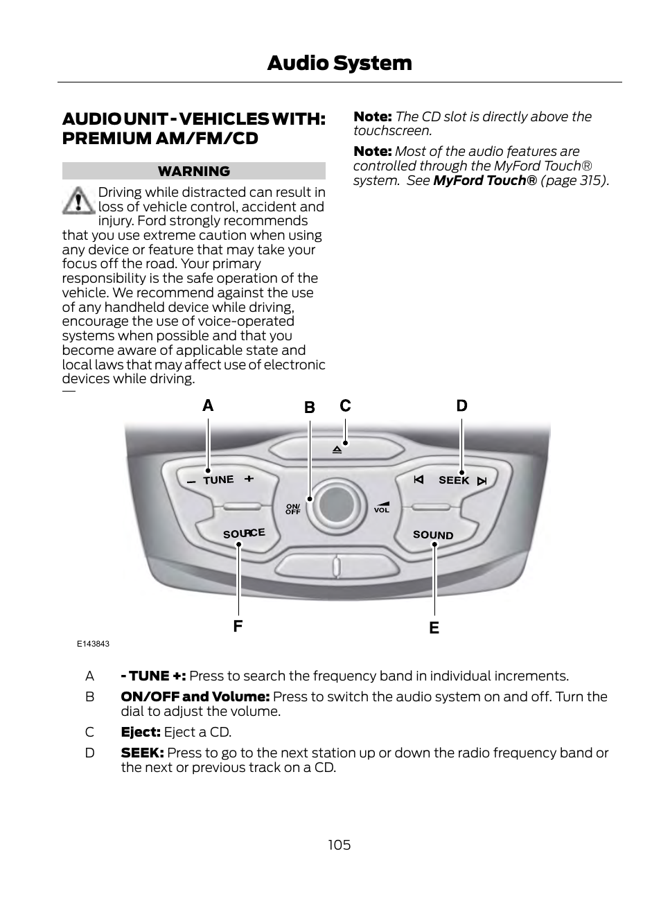 Audio unit - vehicles with: premium, Am/fm/cd, Audio system | Audio unit - vehicles with: premium am/fm/cd | FORD 2013 Escape v.1 User Manual | Page 105 / 423