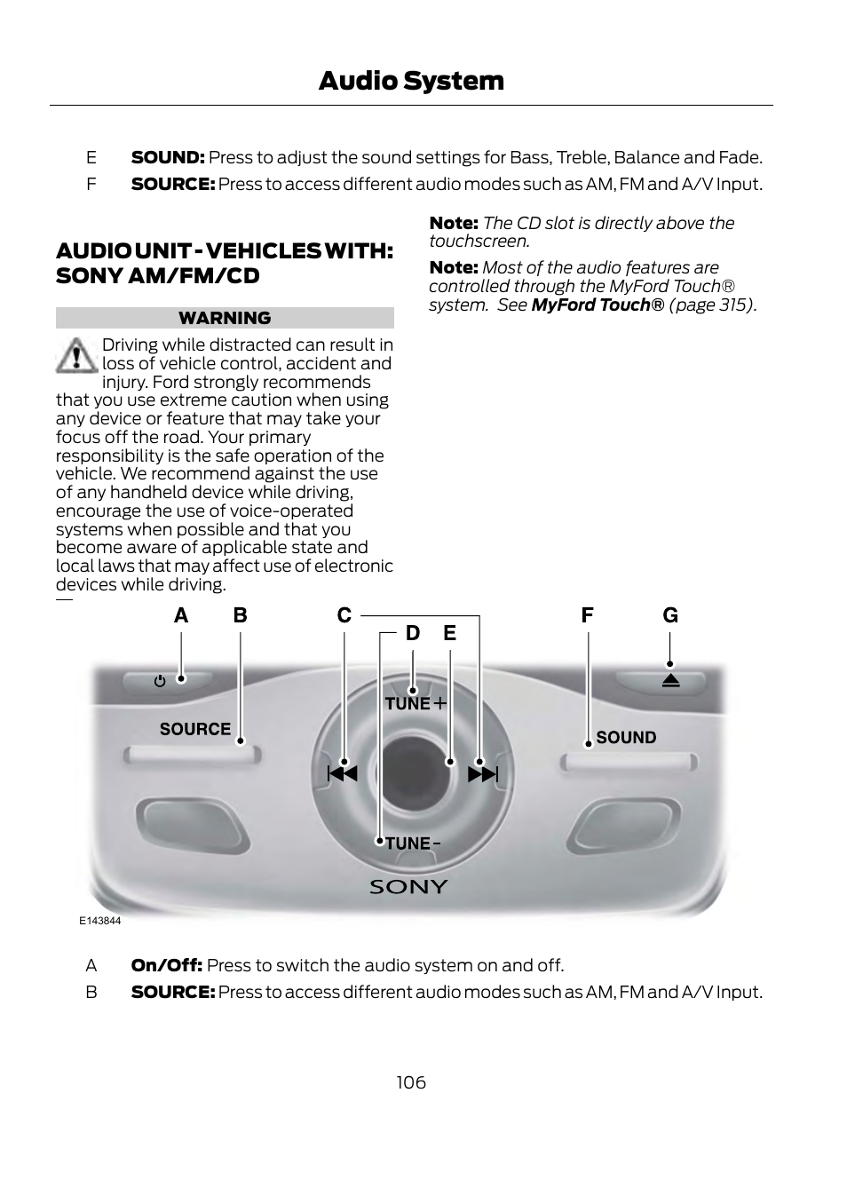 Audio unit - vehicles with: sony, Am/fm/cd, Audio system | Audio unit - vehicles with: sony am/fm/cd | FORD 2013 Escape v.1 User Manual | Page 106 / 423