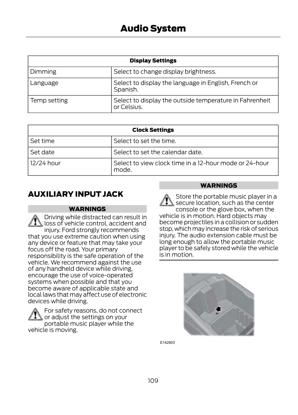 Auxiliary input jack, Audio system | FORD 2013 Escape v.1 User Manual | Page 109 / 423