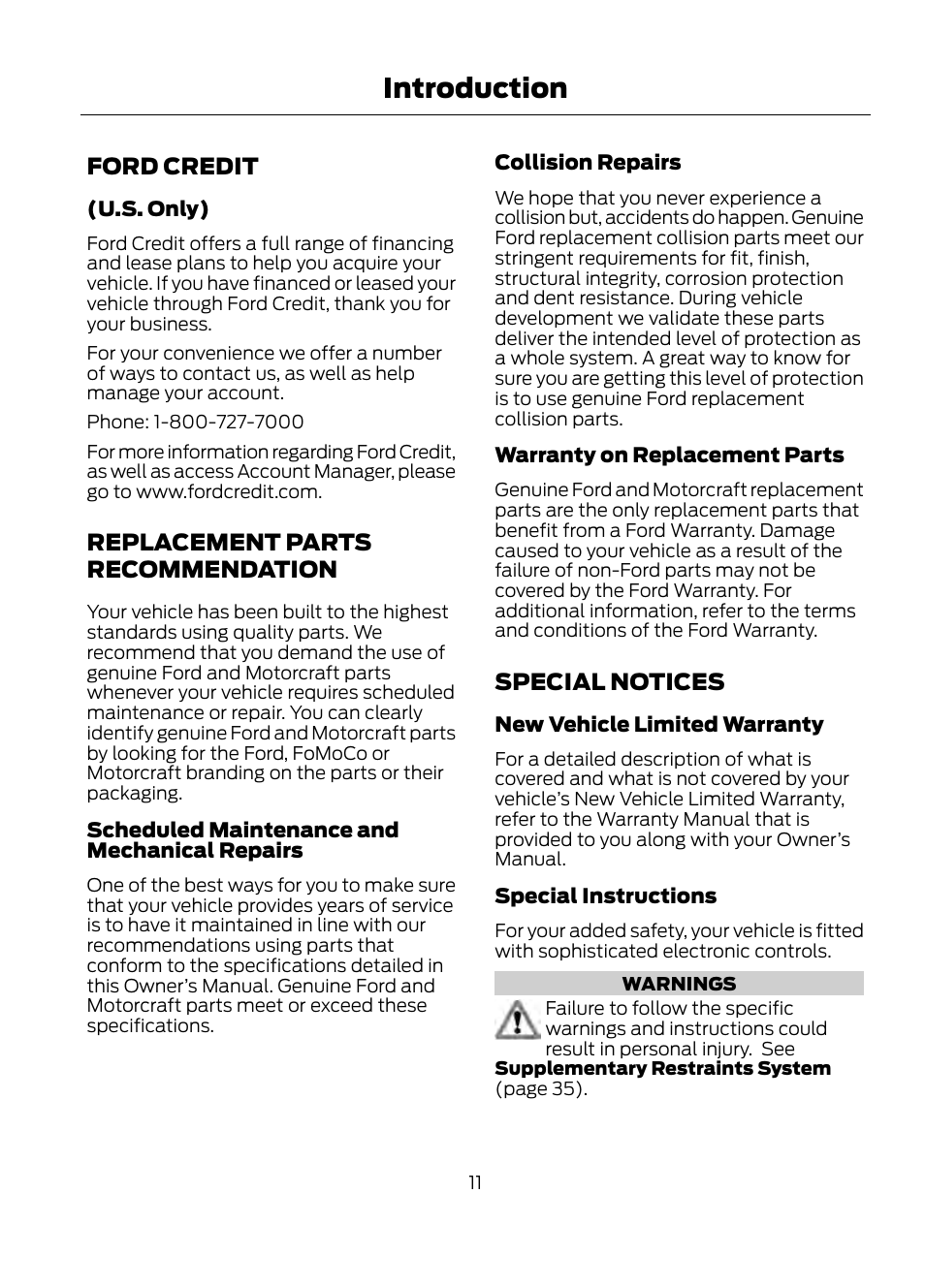 Ford credit replacement parts, Recommendation, Special notices | Introduction | FORD 2013 Escape v.1 User Manual | Page 11 / 423