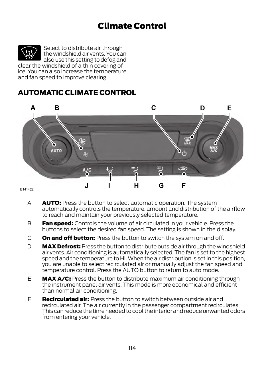 Automatic climate control, Climate control | FORD 2013 Escape v.1 User Manual | Page 114 / 423