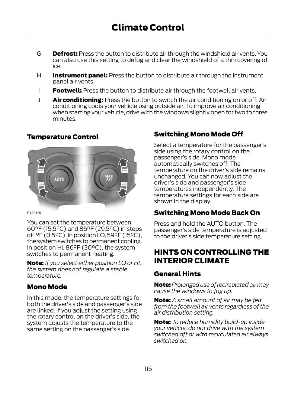 Hints on controlling the interior, Climate, Climate control | Hints on controlling the interior climate | FORD 2013 Escape v.1 User Manual | Page 115 / 423
